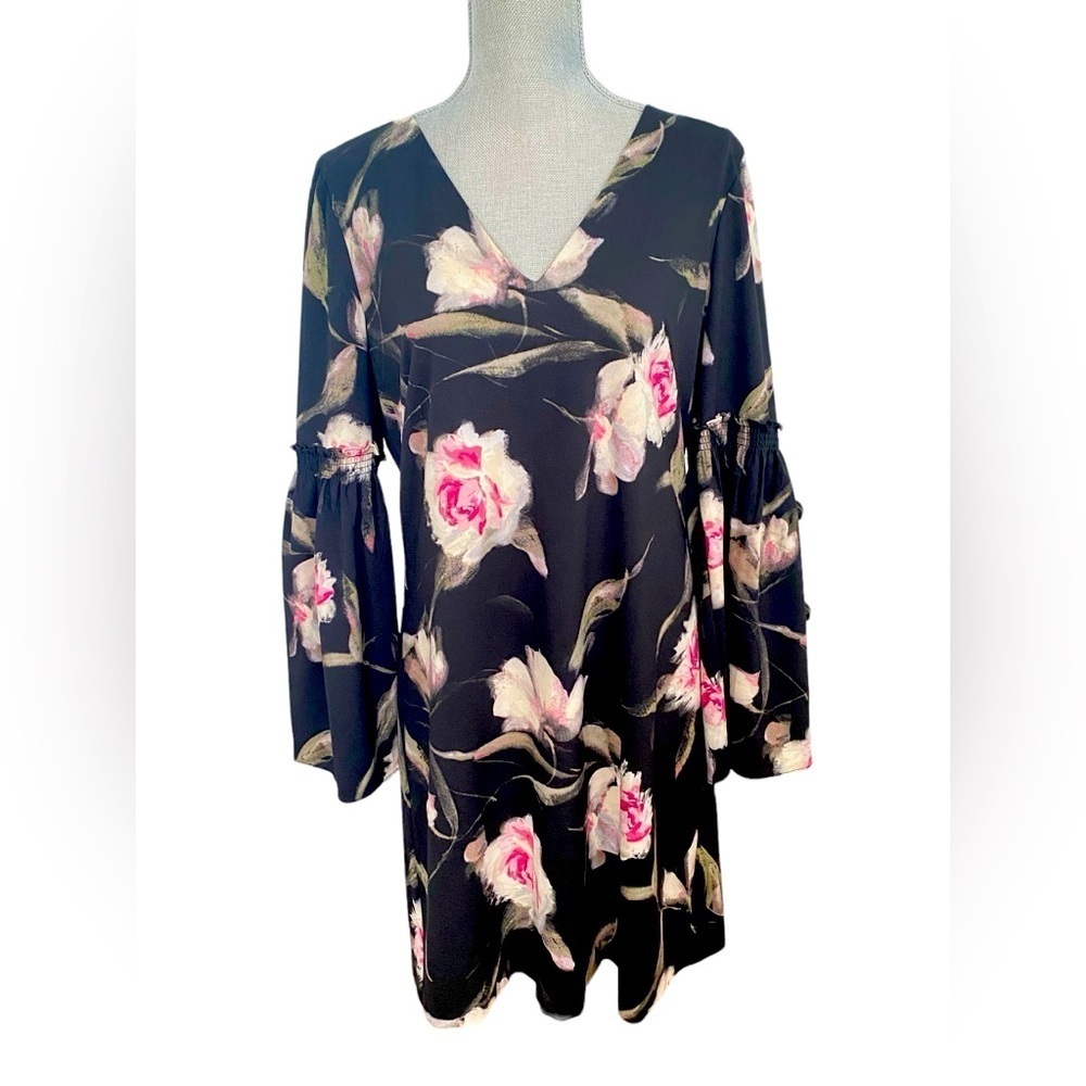 WHBM Floral Black Dress Bell Sleeves Size 12 0632